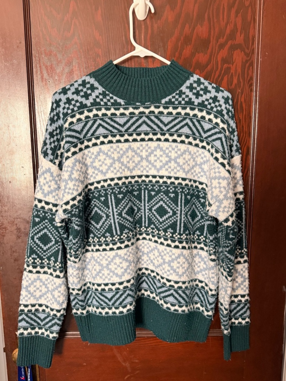 BearPaw Dark Green and Cream Fair Isle Crewneck Sweater